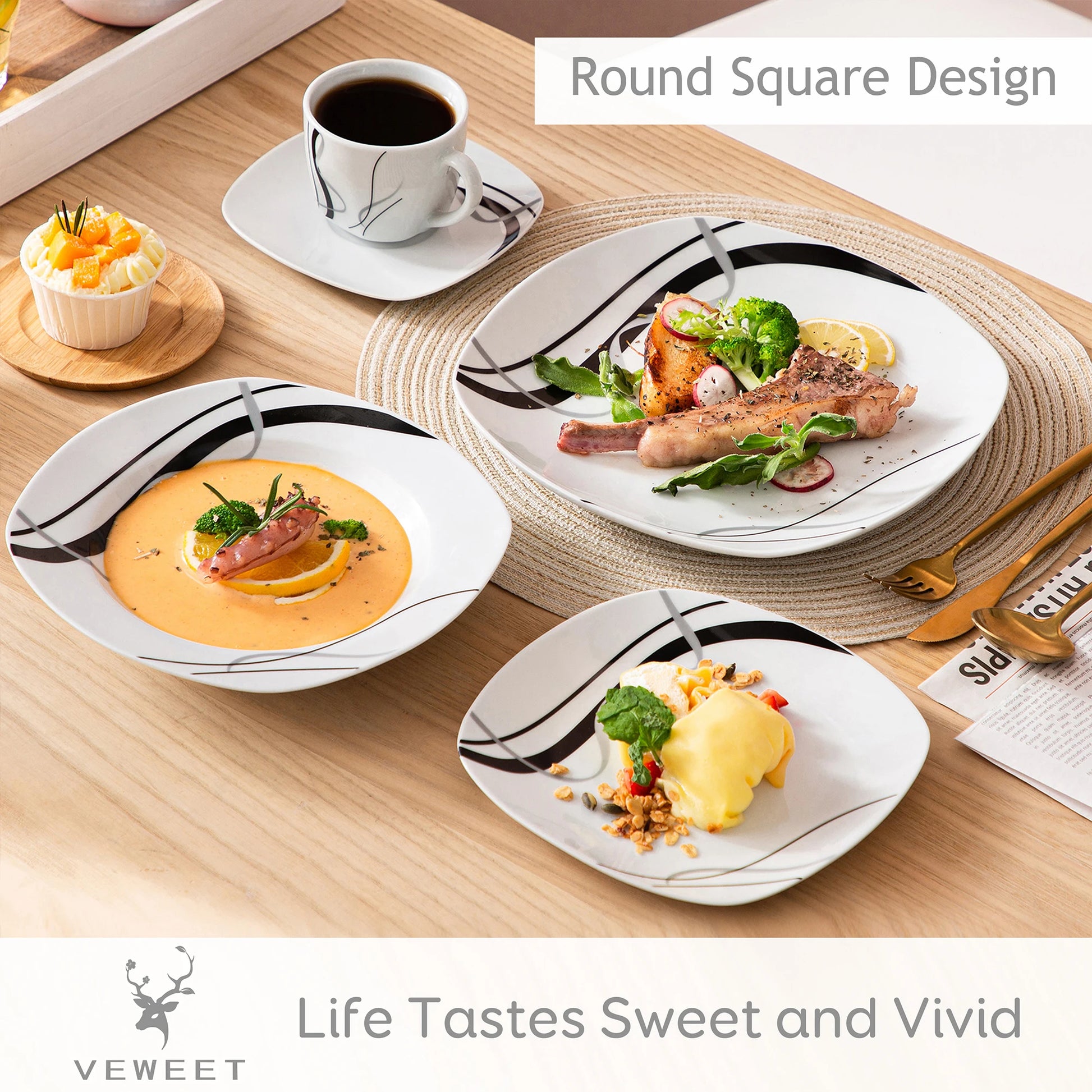 VEWEET FIONA 30/60 Piece Black Lines Porcelain Ceramic Tableware Set with Dessert Plates/Soup Plates/Dinner Plates/Cups/Saucers