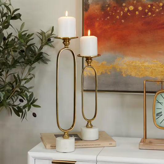 Gold Aluminum Paper Clip Pillar Candle Holder with Marble Base (Set of 2)