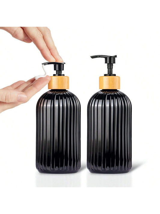 2Pcs Plastic Dish-Soap Dispenser for Kitchen Bamboo Pump| 17Oz×2- Kitchen Soap Dispenser Set, Dish Soap, Hand Soap Dispenser Bathroom, Soap and Lotion Dispenser Set| Black