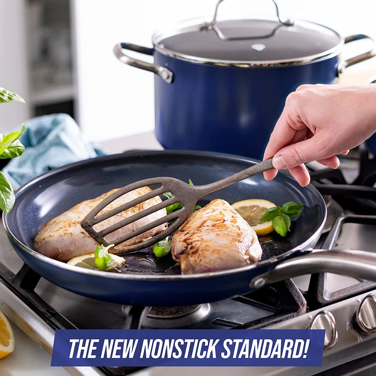 20 Piece Cookware and Bakeware Set, Diamond Infused PFOA Pfas-Free Ceramic Nonstick Pots and Pans, Durable Nontoxic Metal Utensil Safe & Scratch Resistant, Dishwasher & Oven Safe, Blue