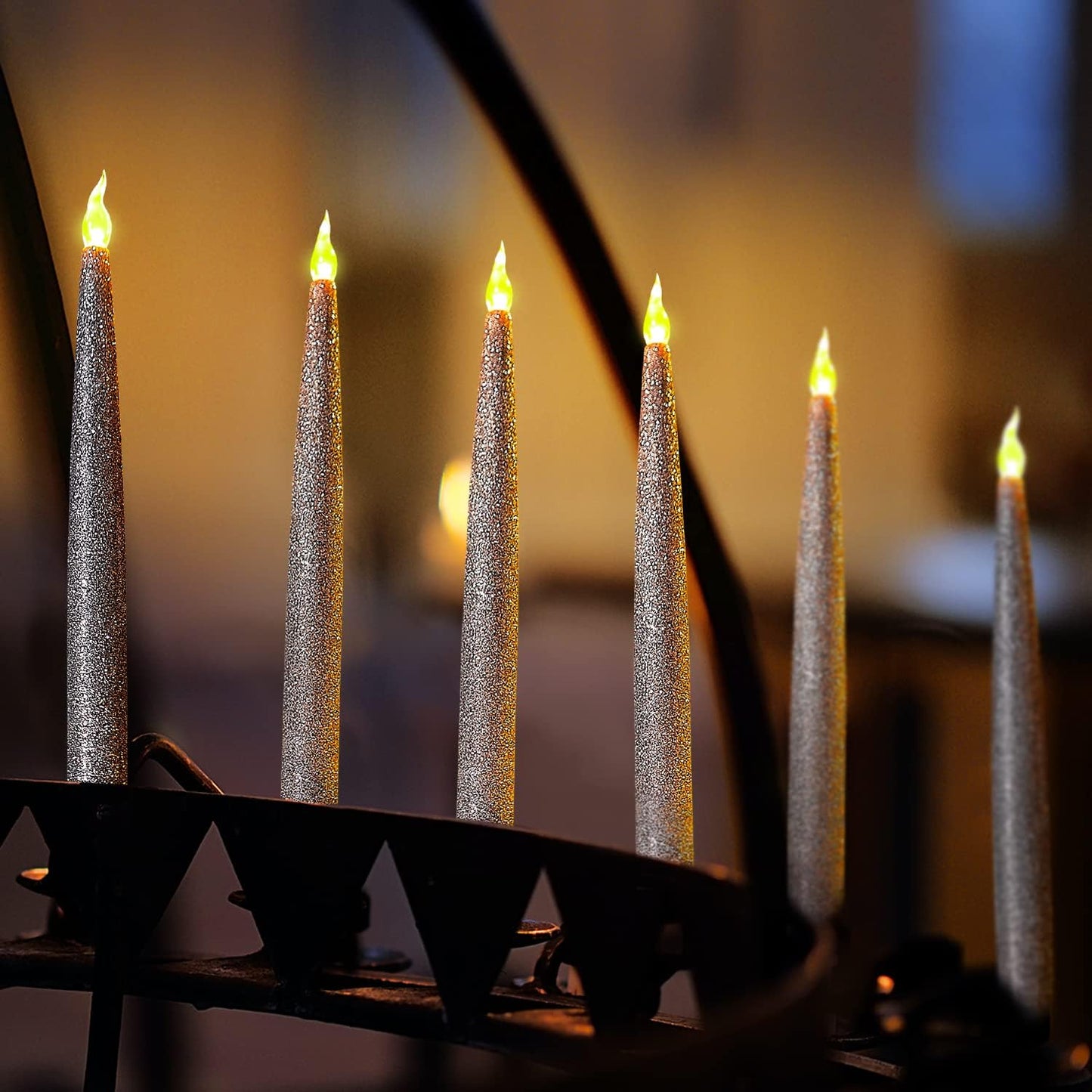 Silver LED Taper Candles, Centerpieces Decor Candles, Flameless LED Candle Lights with 6/18 Timer, Pack of 12 (Battery Operated)