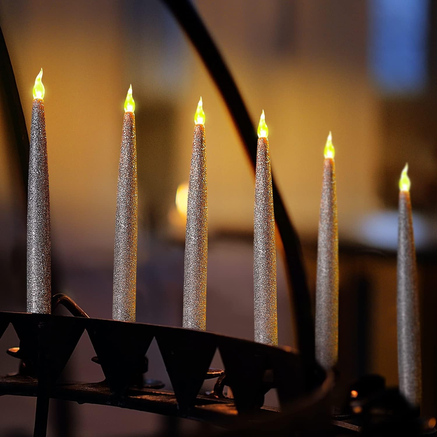 Silver LED Taper Candles, Centerpieces Decor Candles, Flameless LED Candle Lights with 6/18 Timer, Pack of 12 (Battery Operated)