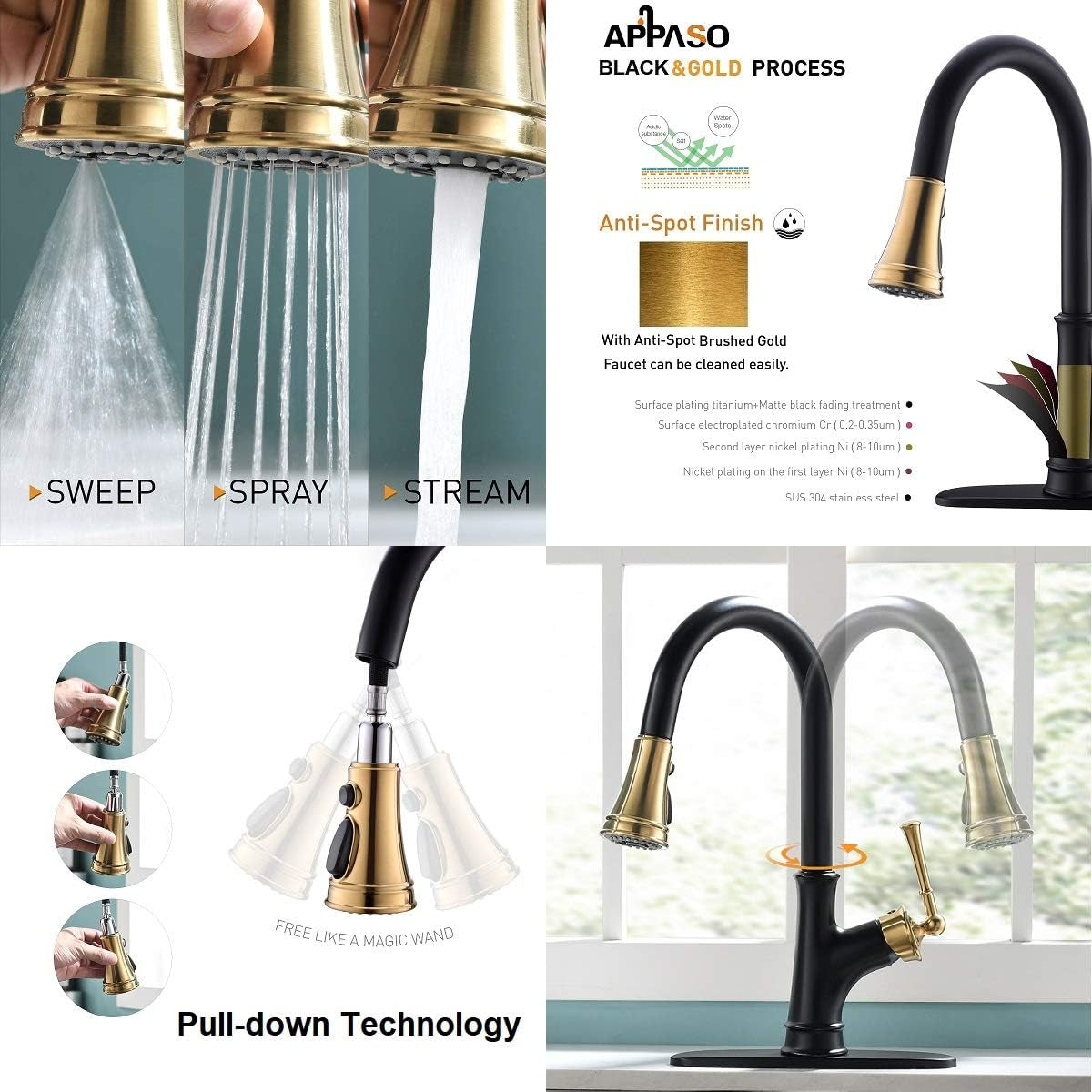 Pull down Kitchen Faucet with Sprayer - Single Handle High Arc One Hole Pull Out Kitchen Sink Faucets, Black and Gold
