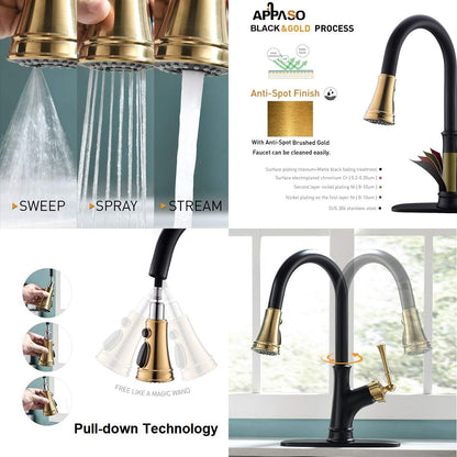 Pull down Kitchen Faucet with Sprayer - Single Handle High Arc One Hole Pull Out Kitchen Sink Faucets, Black and Gold