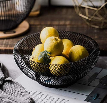Metal Wire Fruit Basket,Large round Storage Baskets for Bread,Metal Wire Bread Fruit Bowl Vegetable Stand Holder for Snacks,Modern Fruit Bowl Decorate Kitchen Counter,Black
