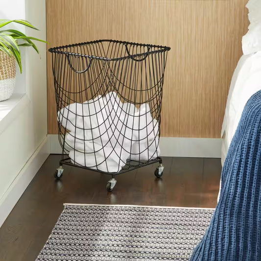24 In. Black Deep Set Wire Mesh Rolling Laundry Basket Storage Cart with Handles