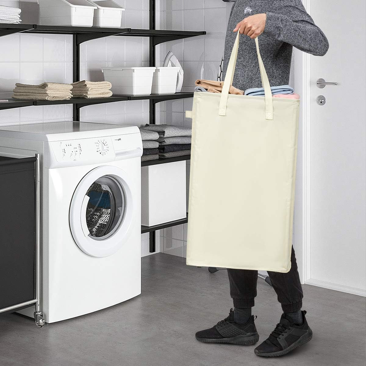 Double 65L Slim Laundry Hamper 2 Pack Tall Thin Laundry Basket with Extended Handles Dark and Lights Separator Narrow Dirty Clothes Hamper Collapsible Laundry Organizer for Dorm Room (Beige)