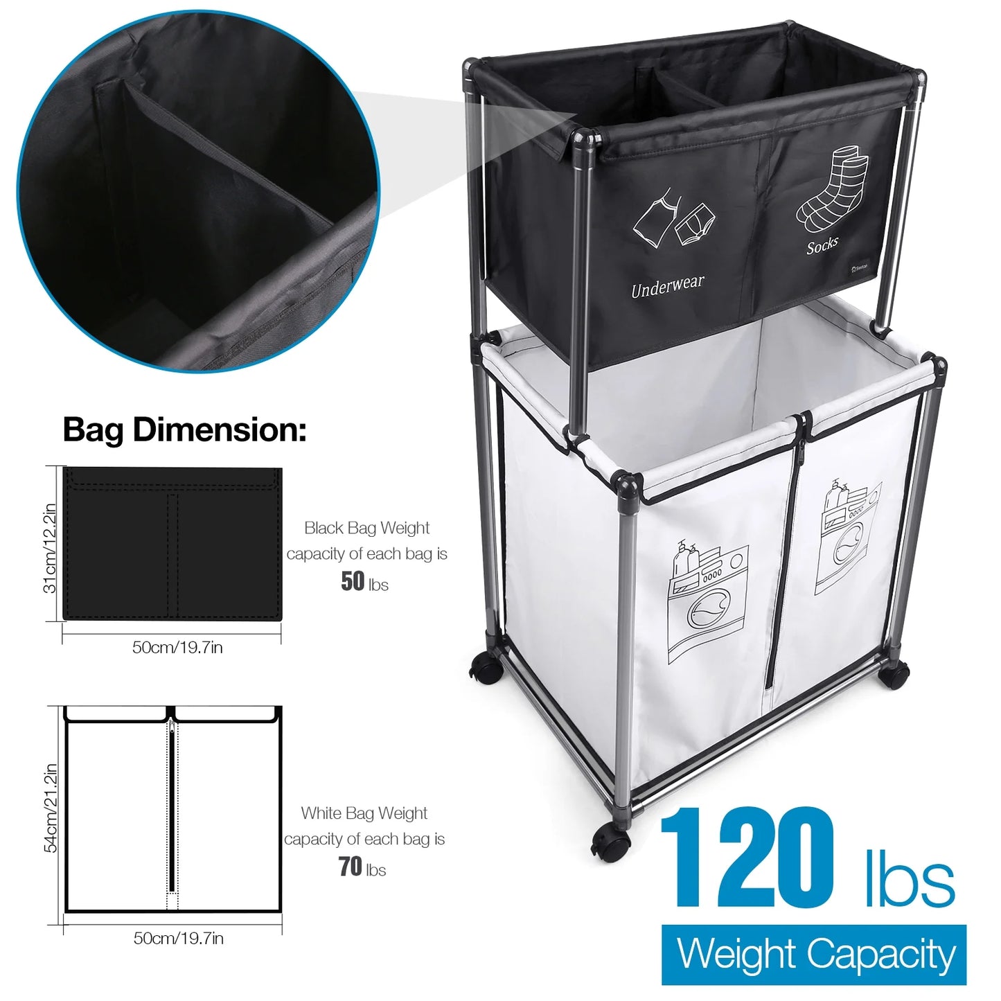 210L Laundry Sorter Cart,Laundry Hamper Sorter with Rolling Wheels and Removable 3 Bags for Clothes Storage,Laundry Organizer Basket Laundry Clothes Hamper
