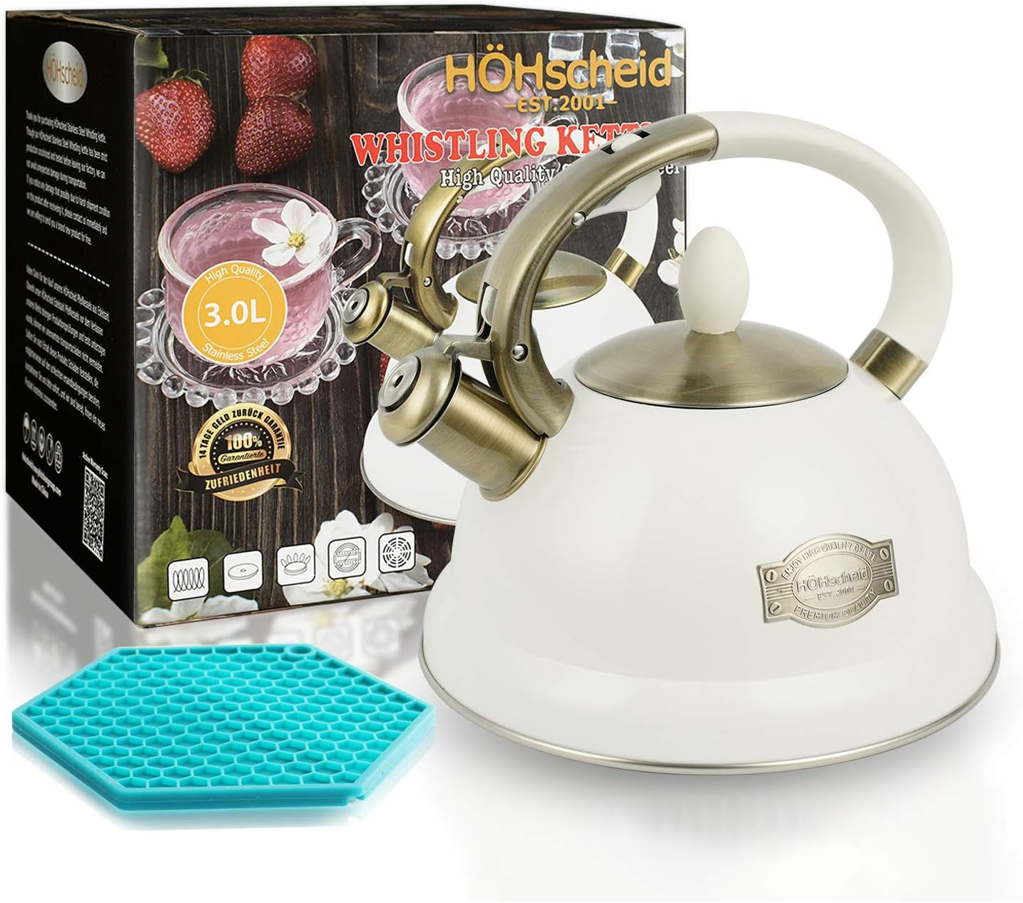 Tea Pots for Stove Top, 3 Liter Stainless Steel Whistling Tea Kettles with Fast Heating Bottom Base Ergonomic Cool Handle & Heat-Resistant Pad