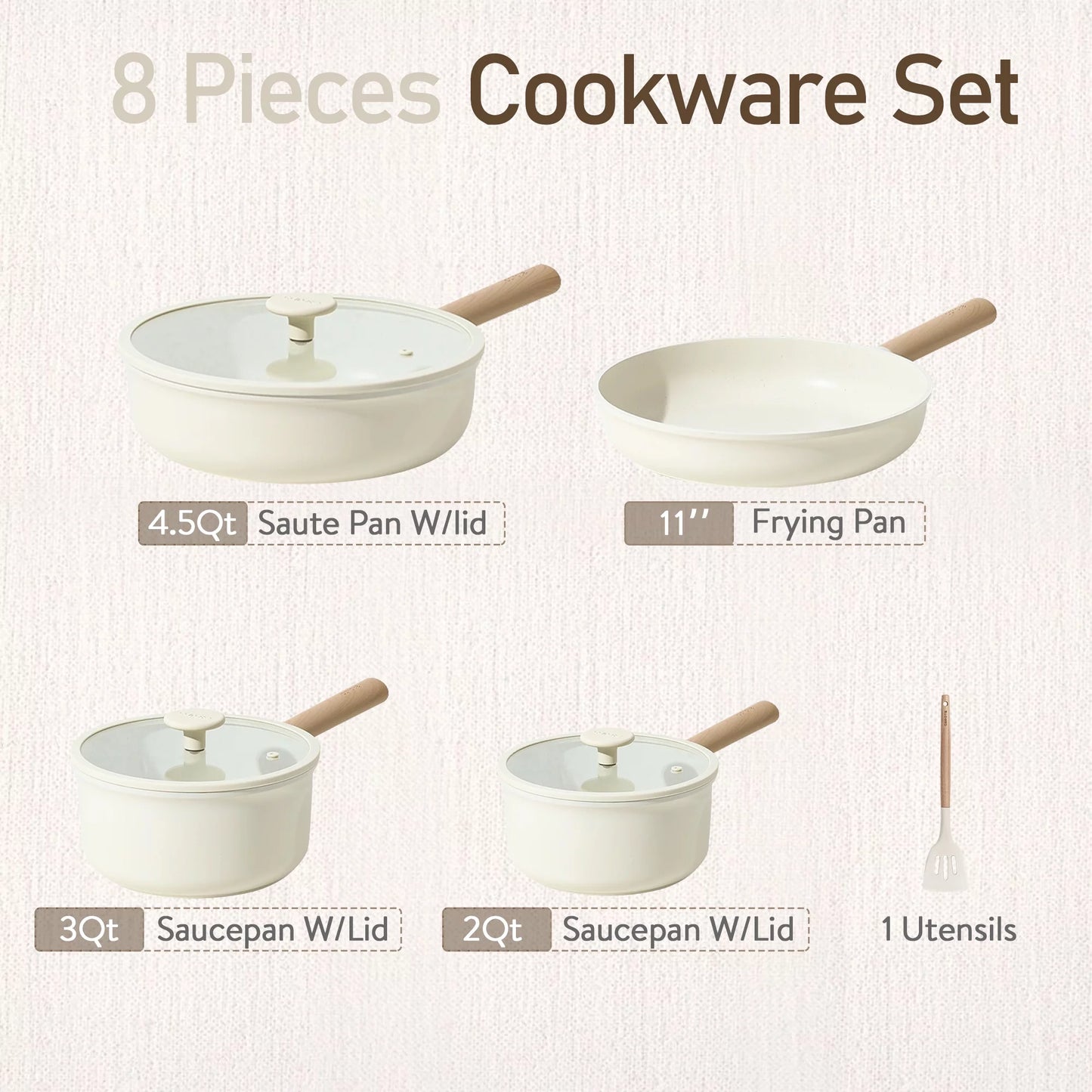 Nonstick Pots and Pans Set, 8 Pcs Induction Kitchen Cookware Sets(White Ceramic)