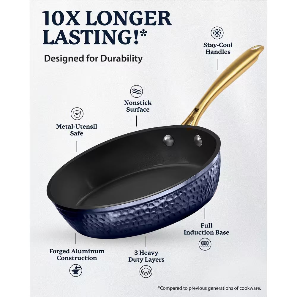 Charleston Collection 15-Piece Aluminum Hammered Nonstick Cookware Set with Utensils in Navy