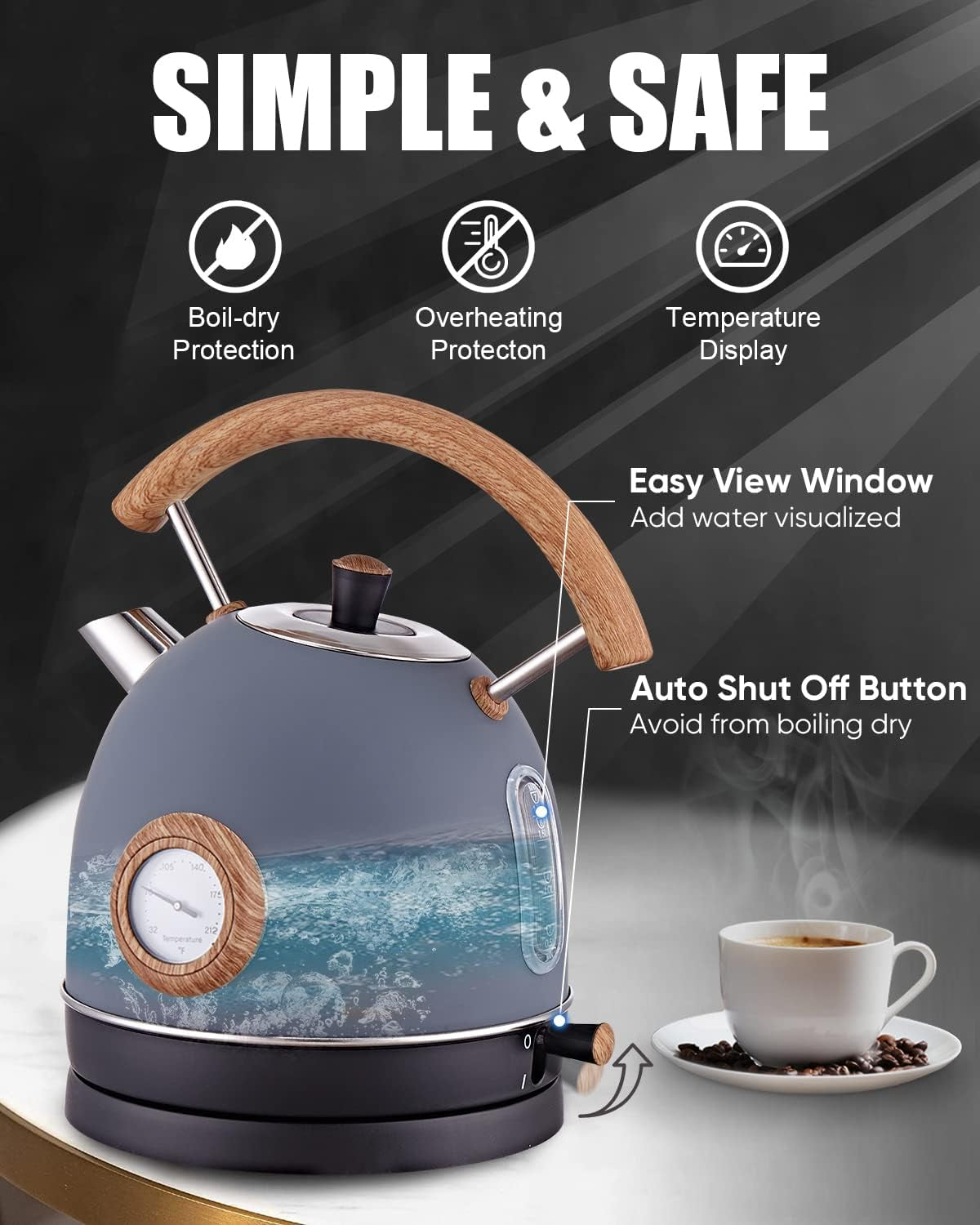 Electric Kettle,  1.7L / 1500W Retro Electric Tea Kettles for Boiling Water, Stainless Steel Hot Water Boiler with Thermometer, Auto Shut-Off & Boil-Dry Protection, Anti-Scald Wood Handle