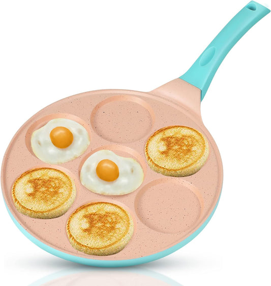 Pancake Pan 7 Molds Nonstick Breakfast Griddle Blini Pan, Gas Compatible,9.7 Inch Blue
