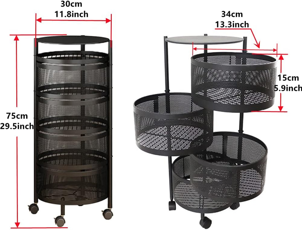 4-Tier Fruit Basket for Kitchen Storage, Metal Pantry Baskets with Wheels, Utility Rack for Kitchen, Bathroom, Laundry Room, Garage, Black