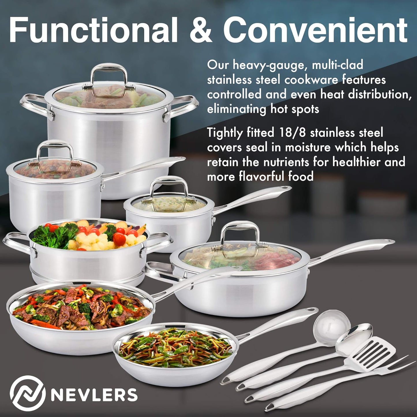 Multi-Clad Stainless Steel Cookware Sets - 15 Piece Pots and Pans Set - Makes for a Great Cooking Set for Your Kitchen - It Is Dishwasher Safe Too!