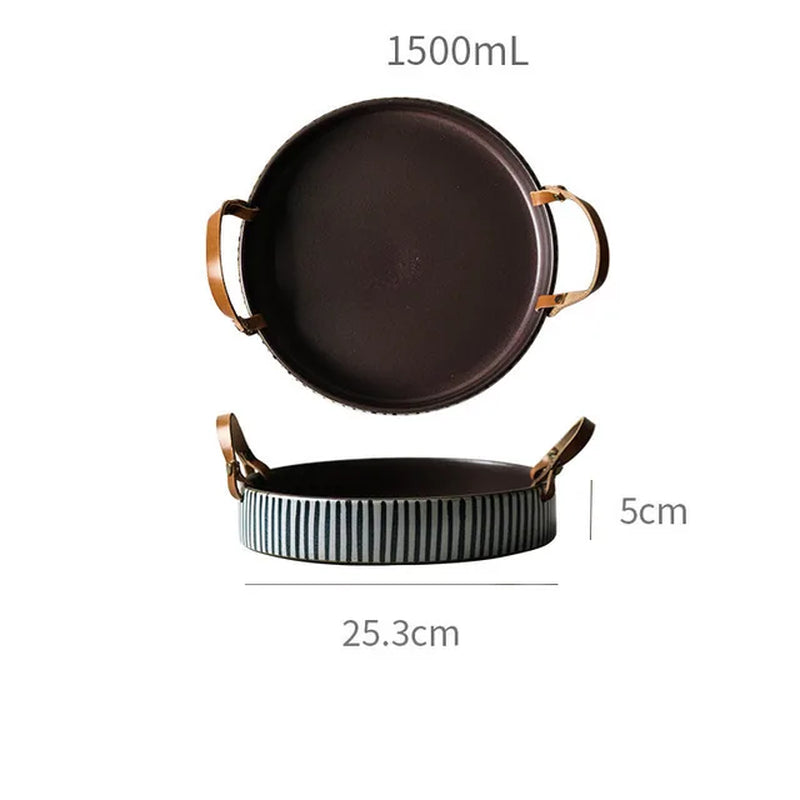Exclusive Handmade Ceramic Bowl with Cow Leather Handle Stripe round Sallow Salad Plate