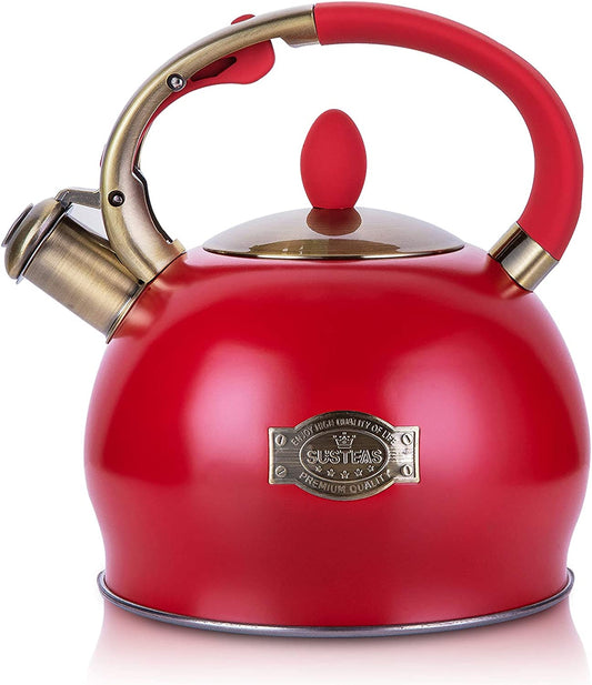 Stove Top Whistling Tea Kettle - Food Grade Stainless Steel Teakettle Teapot with Cool Touch Ergonomic Handle, with 1 Silicone Pinch Mitt Included, 2.64 Quart(Red)