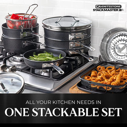GRANITESTONE Stackmaster 15 Pcs Pots and Pans Set Induction-Compatible, Nonstick Cookware Set, Scratch-Resistant, Granite-Coated Anodized Aluminum, Dishwasher-Safe, Pfoa-Free