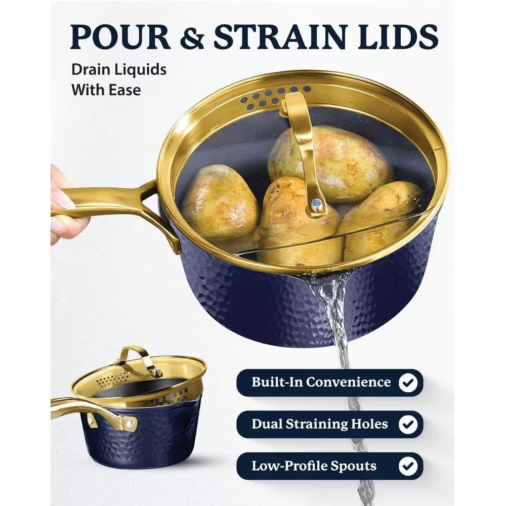 Charleston Collection 15-Piece Aluminum Hammered Nonstick Cookware Set with Utensils in Navy