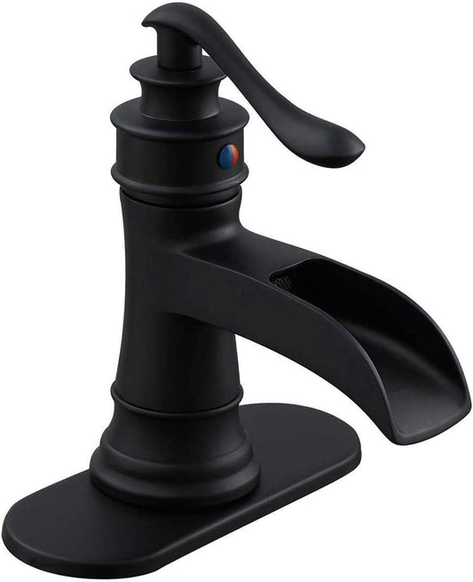 Bathroom Sink Faucet Single Handle Black Waterfall Bathroom Faucet Single Hole Basin Tap Vanity Deck Mount with Supply Hose Lines, Matte Black