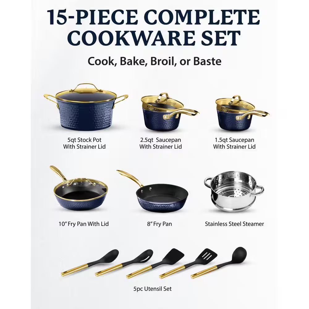 Charleston Collection 15-Piece Aluminum Hammered Nonstick Cookware Set with Utensils in Navy