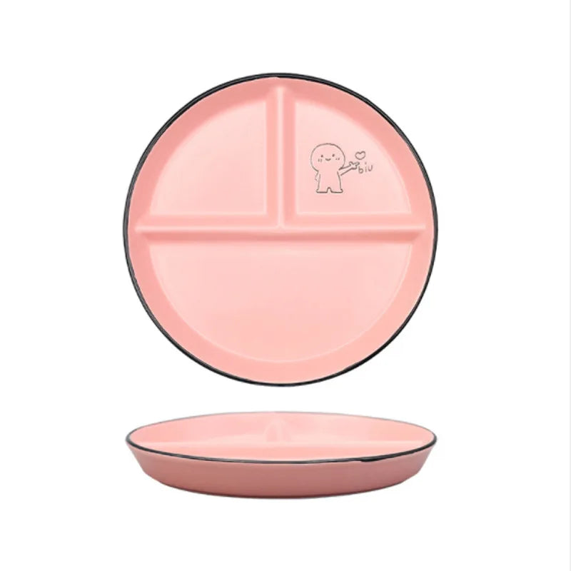 Children'S Disc Divided Meal Ceramic Plate Student Dividing Fat Reducing Three Compartment Household Dinner Plates and Dishes