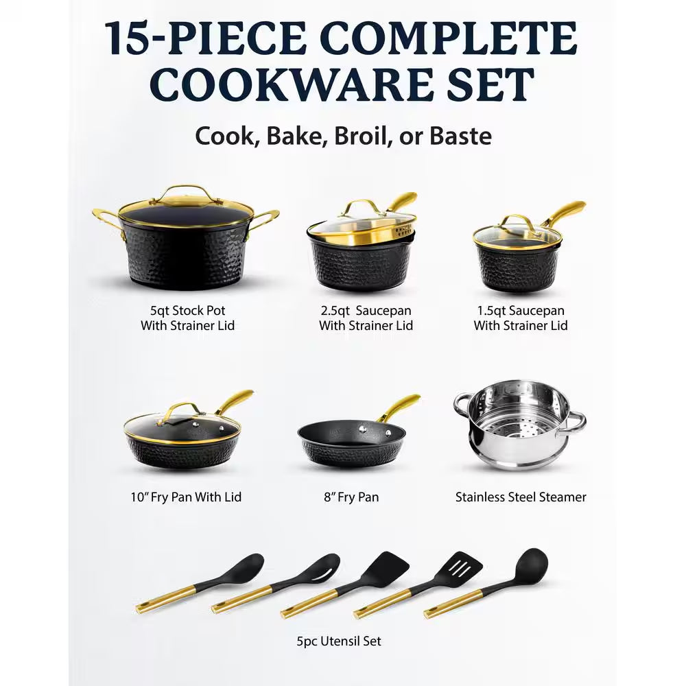 Charleston Collection 15-Piece Aluminum Hammered Nonstick Cookware Set with Utensils in Black
