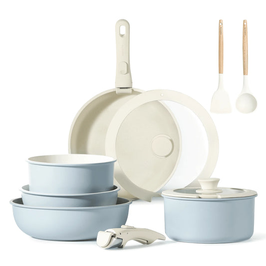 11Pcs Pots and Pans Set, Nonstick Cookware Set Detachable Handle, Induction Kitchen Cookware Sets Non Stick with Removable Handle, RV Cookware Set, Oven Safe, Blue