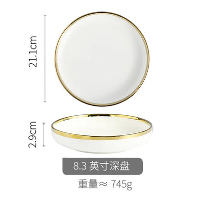 Ceramic Dinnerware Plate Bowl White Gold Stroke Ceramic Dinner Plate Steak Tableware Rice Soup Bowl Spoon Dish Home Decoration