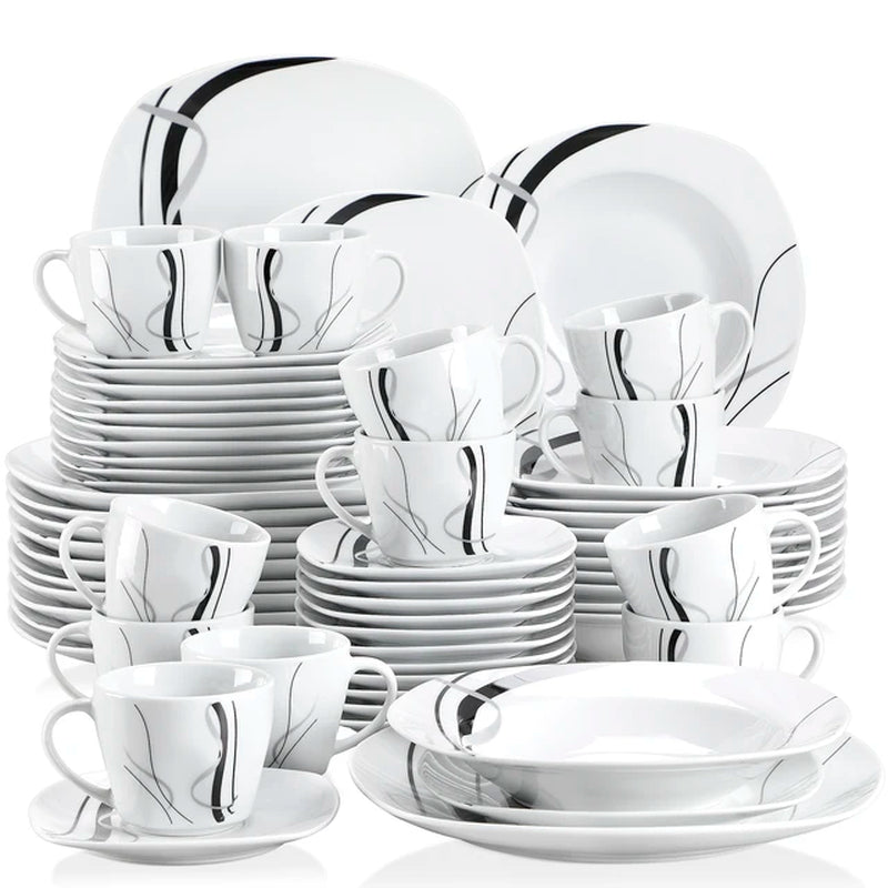 VEWEET FIONA 30/60 Piece Black Lines Porcelain Ceramic Tableware Set with Dessert Plates/Soup Plates/Dinner Plates/Cups/Saucers