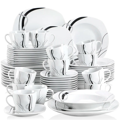 VEWEET FIONA 30/60 Piece Black Lines Porcelain Ceramic Tableware Set with Dessert Plates/Soup Plates/Dinner Plates/Cups/Saucers