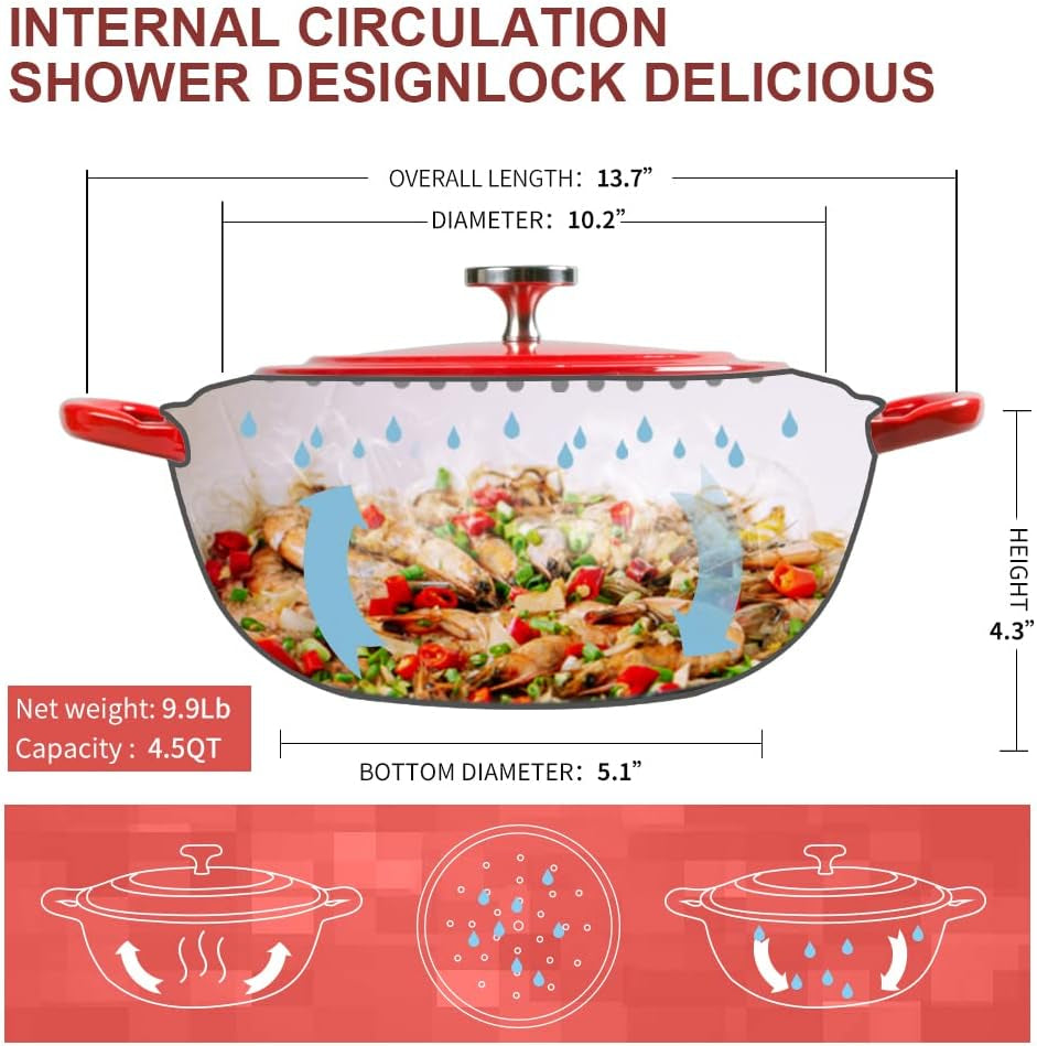 4.5 Quart Dutch Oven, Enameled Cast Iron Covered round Dutch Oven with Lid, Casserole, Cookware Pot, French Oven, Red