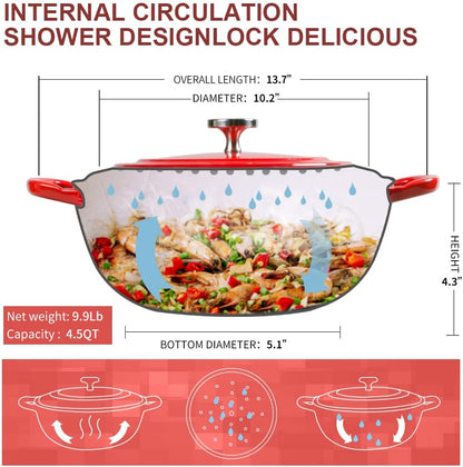4.5 Quart Dutch Oven, Enameled Cast Iron Covered round Dutch Oven with Lid, Casserole, Cookware Pot, French Oven, Red