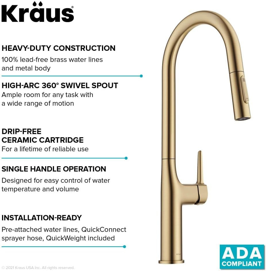 KPF-3101BG Oletto Modern Pull-Down Single Handle Kitchen Faucet, 19.5 Inch, Brushed Gold
