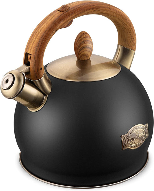 Tea Kettle & Tea Pot, Stainless Steel Tea Kettle for Stove Top, 2.64 Quart Whistling Loud Tea Kettles (Polished Black)