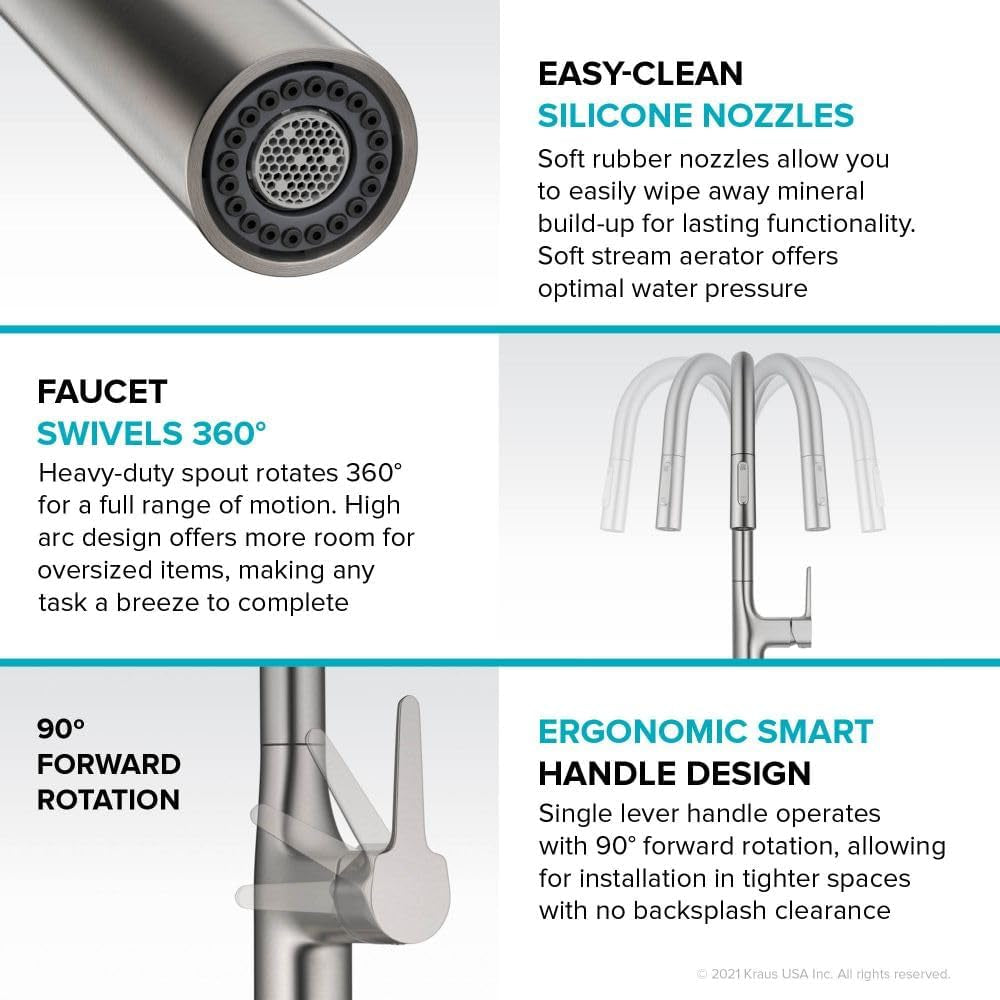 KPF-3101BG Oletto Modern Pull-Down Single Handle Kitchen Faucet, 19.5 Inch, Brushed Gold