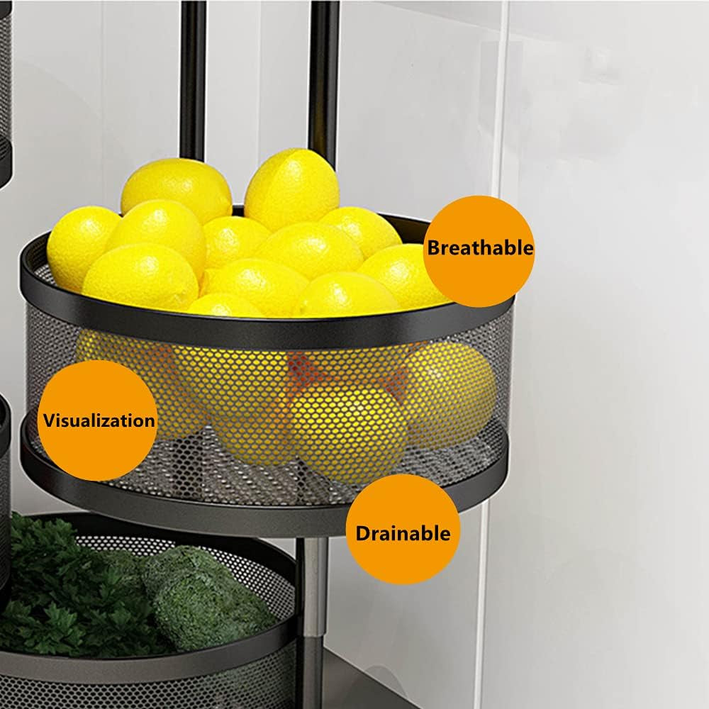 4-Tier Fruit Basket for Kitchen Storage, Metal Pantry Baskets with Wheels, Utility Rack for Kitchen, Bathroom, Laundry Room, Garage, Black