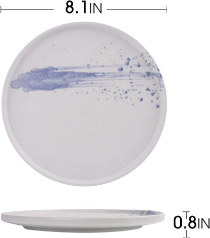 Dinner Plates Set 8.5 Inch Ceramic Dessert Serving Plates Salad Plates,Set of 4 (Matte White&Blue)