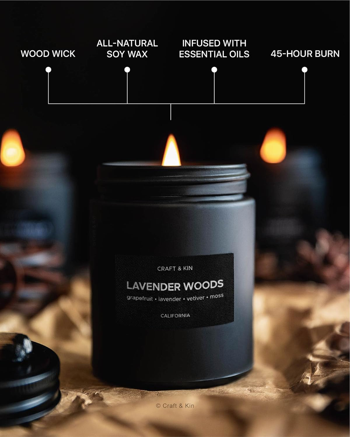 Lavender and Wood Candle | Scented Candle for Men | Soy Candles | Black Candles | Wood Wicked Candles | Lavender Candles for Home | Long Lasting Candles with 45 Hour Burn Time- 7.6Oz