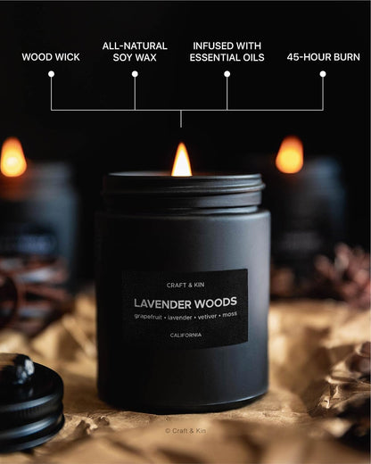 Lavender and Wood Candle | Scented Candle for Men | Soy Candles | Black Candles | Wood Wicked Candles | Lavender Candles for Home | Long Lasting Candles with 45 Hour Burn Time- 7.6Oz