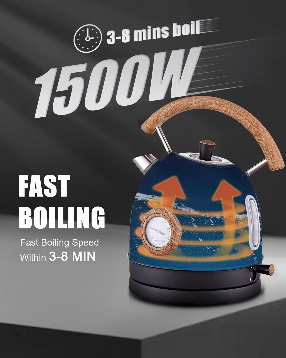 Electric Kettle,  1.7L / 1500W Retro Electric Tea Kettles for Boiling Water, Stainless Steel Hot Water Boiler with Thermometer, Auto Shut-Off & Boil-Dry Protection, Anti-Scald Wood Handle
