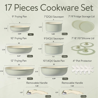 17Pcs Pots and Pans Set, Nonstick Cookware Set Detachable Handle, Induction Kitchen Cookware Sets Non Stick with Removable Handle, RV Cookware Set, Oven Safe, Green