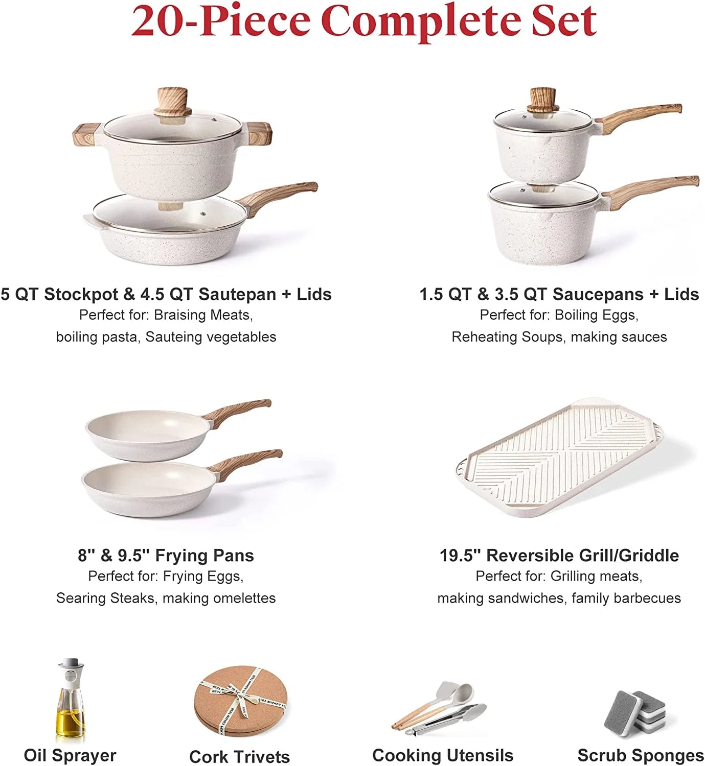 Pots and Pans Set Nonstick Cookware Sets Kitchen Cooking Pot Granite Frying Pans 20 Pieces