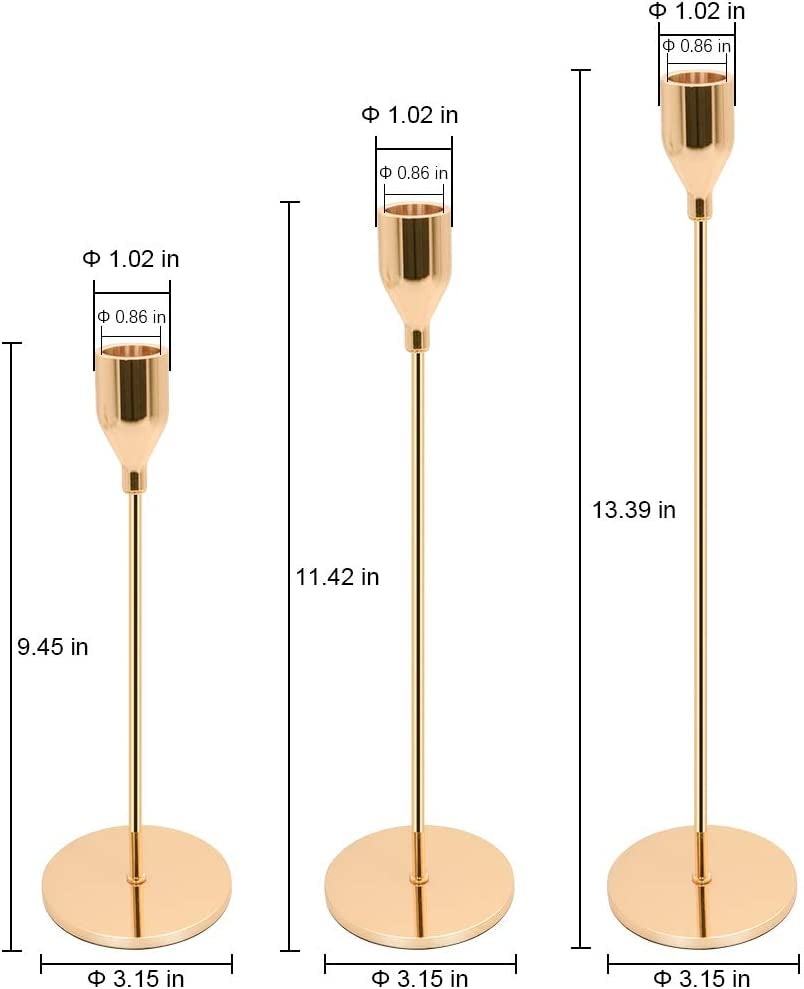 Candle Holders for Taper Candles Set of 3 Decorative Candlestick Holders for Wedding, Dinning, Party Fits 3/4 Inch Thick Candle&Led Candles (Gold Brass Metal Candle Stand)