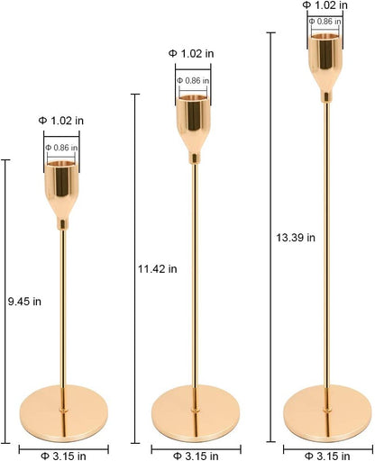 Candle Holders for Taper Candles Set of 3 Decorative Candlestick Holders for Wedding, Dinning, Party Fits 3/4 Inch Thick Candle&Led Candles (Gold Brass Metal Candle Stand)