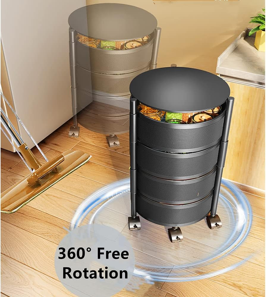 4-Tier Fruit Basket for Kitchen Storage, Metal Pantry Baskets with Wheels, Utility Rack for Kitchen, Bathroom, Laundry Room, Garage, Black