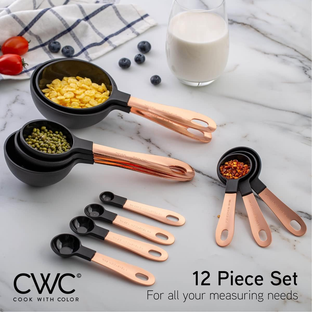 12 PC Measuring Cups Set and Measuring Spoon Set with Copper Coated Stainless Steel Handles, Nesting Kitchen Measuring Set, Liquid Measuring Cup Set, Dry Measuring Cup Set (Black)