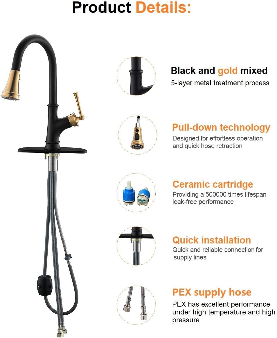 Pull down Kitchen Faucet with Sprayer - Single Handle High Arc One Hole Pull Out Kitchen Sink Faucets, Black and Gold