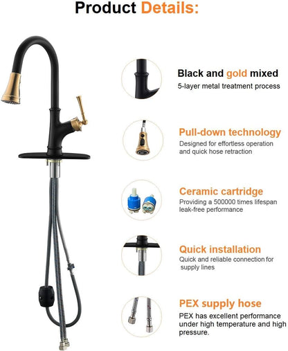 Pull down Kitchen Faucet with Sprayer - Single Handle High Arc One Hole Pull Out Kitchen Sink Faucets, Black and Gold