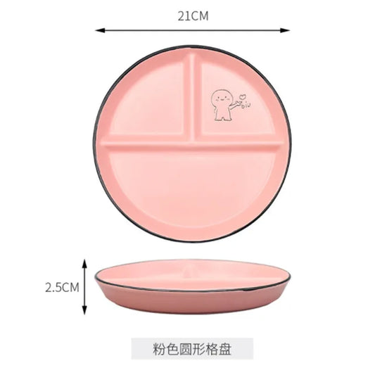 Children'S Disc Divided Meal Ceramic Plate Student Dividing Fat Reducing Three Compartment Household Dinner Plates and Dishes